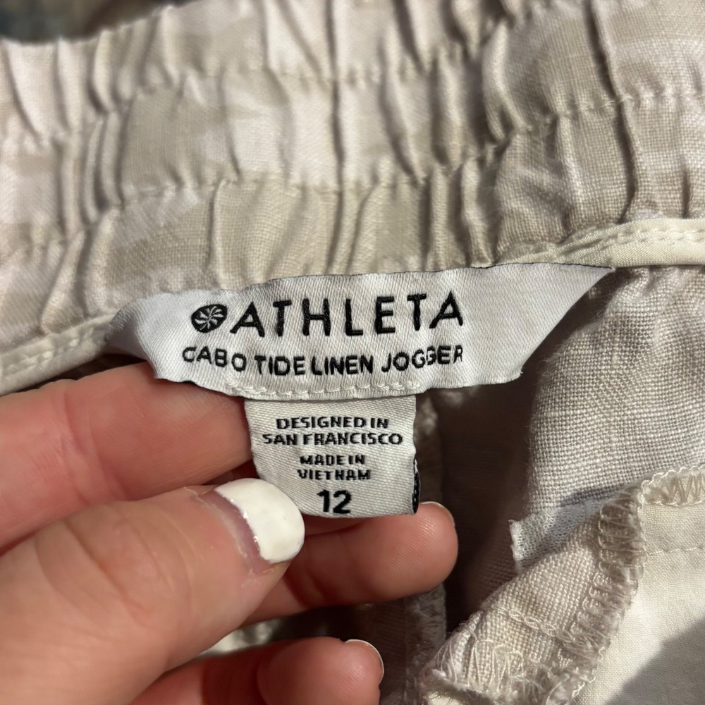Athleta Cabo Tide Linen Jogger Pants Beige Camo Size 12 Drawstring Casual Travel - Picture 4 of 5